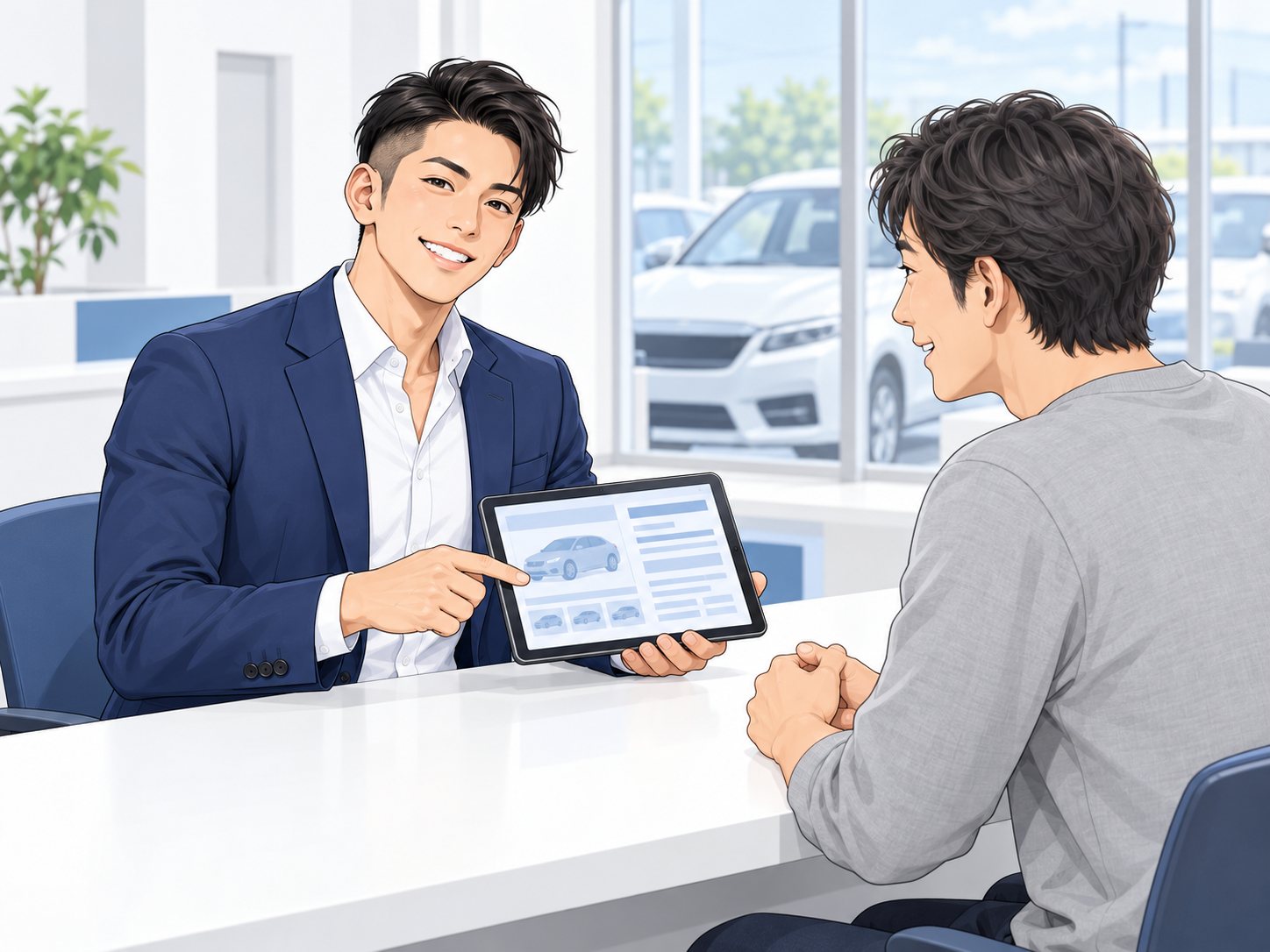 受付で車とお客様の情報を確認するイメージ