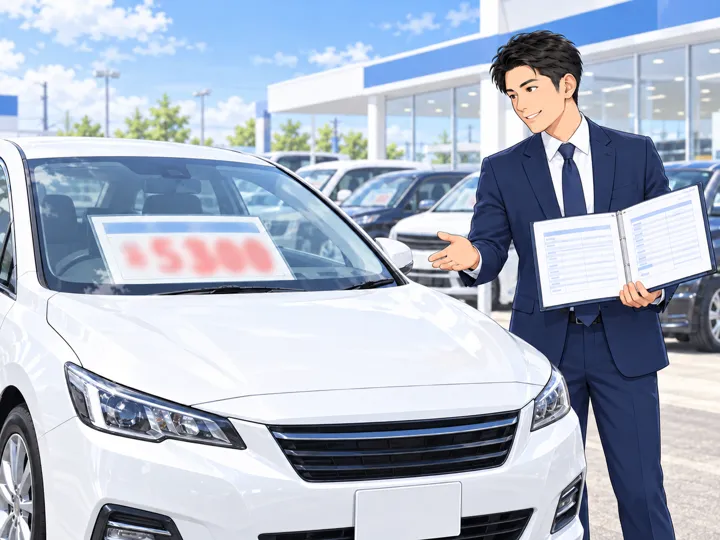 店舗の担当者が販売する中古車を案内する様子