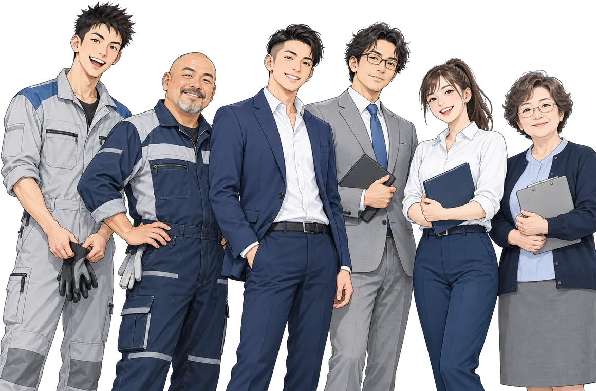 整備士・営業・事務のスタッフ6人のイラスト(架空の人物)