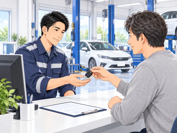 店舗の担当者が相手方から車の鍵を受け取る様子