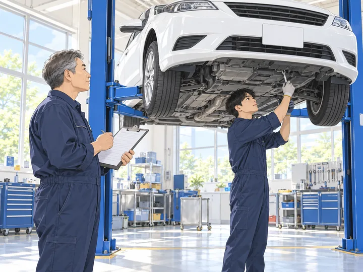 リフトに上げた自動車の下回りを点検する整備スタッフ