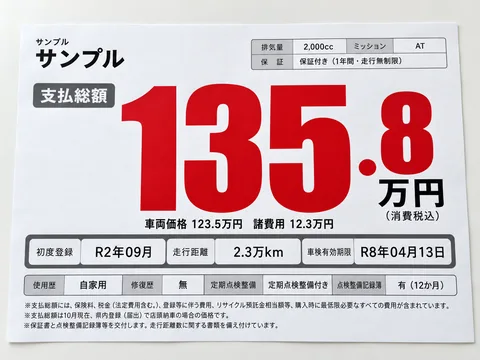 支払総額を大きく表示し、車両価格と諸費用を併記したプライスカードの印刷イメージ
